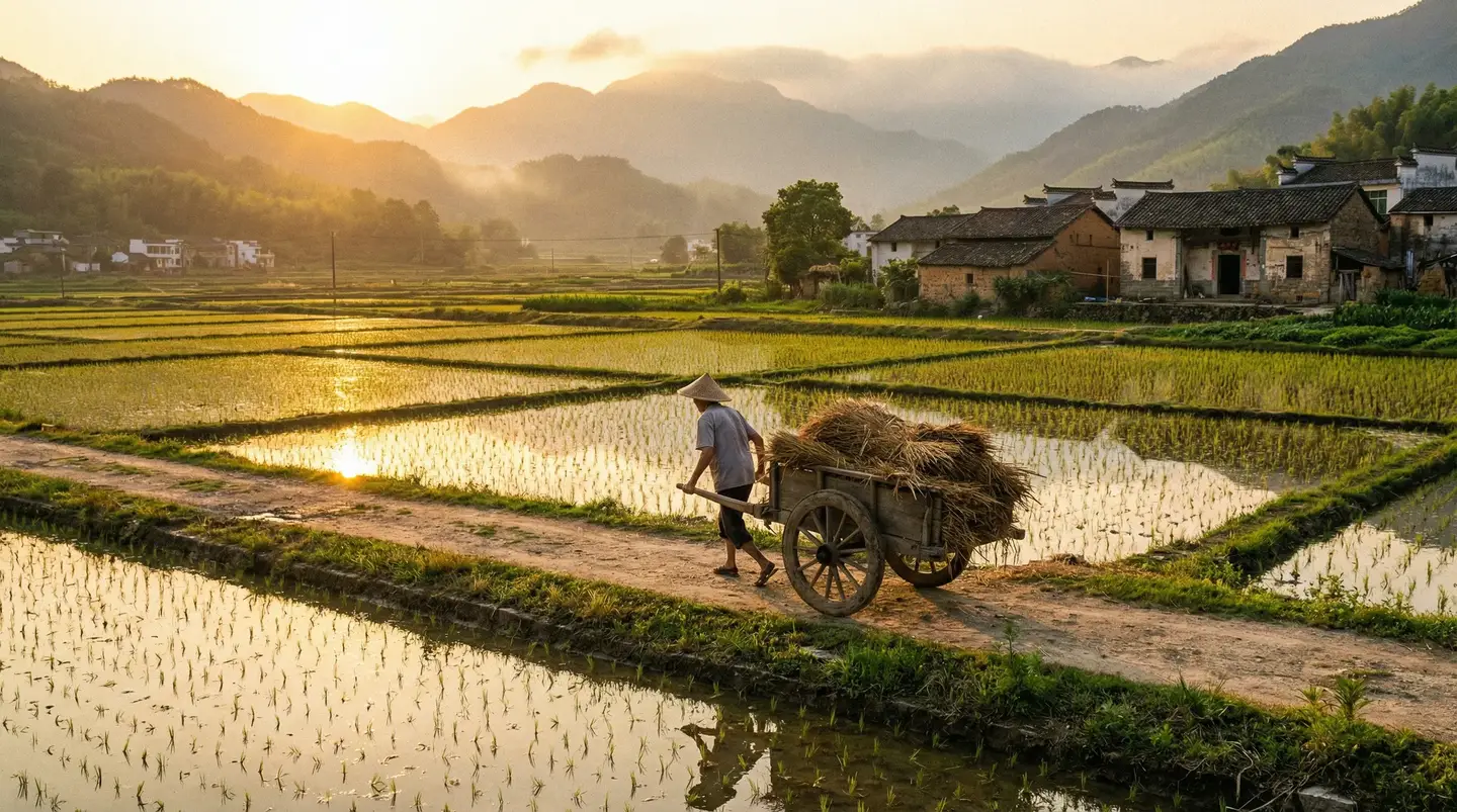 竹子是生长速度最快的植物蚂蚁庄园 - 金色夕阳下的乡村田野，老农推着木车行走在田埂上